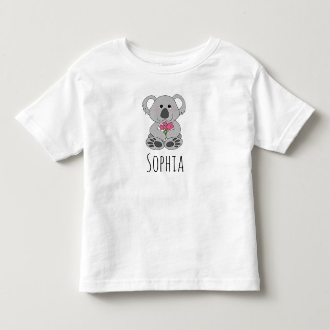 Girls Cute Koala Bear Cartoon and Flowers and Name Toddler T-shirt (Front)