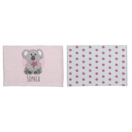 Girls Cute Koala Bear Cartoon and Name Kids Pillow Case