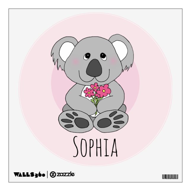Girls Cute Koala Bear Cartoon and Name Kids Wall Decal (Front)