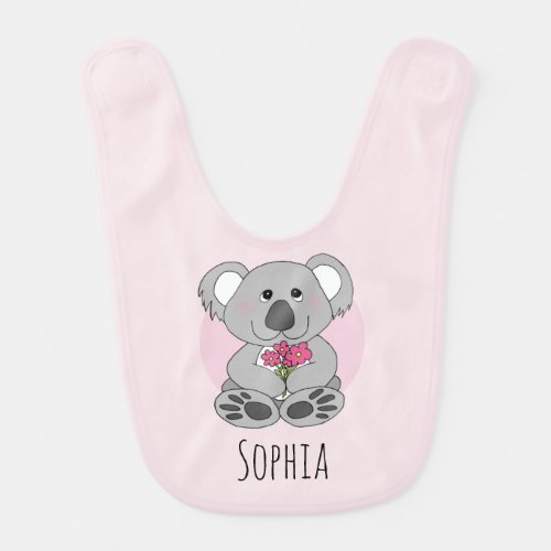 Girls Cute Koala Bear Cartoon Flowers and Name Baby Bib