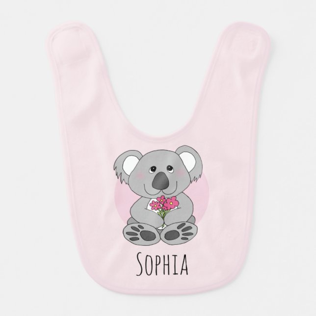 Girls Cute Koala Bear Cartoon Flowers and Name Baby Bib (Front)