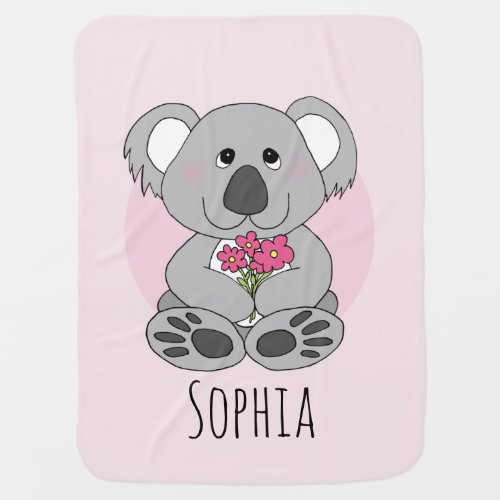 Girls Cute Koala Bear Cartoon Flowers and Name Baby Blanket