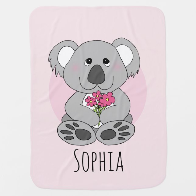 Girls Cute Koala Bear Cartoon Flowers and Name Baby Blanket (Front)