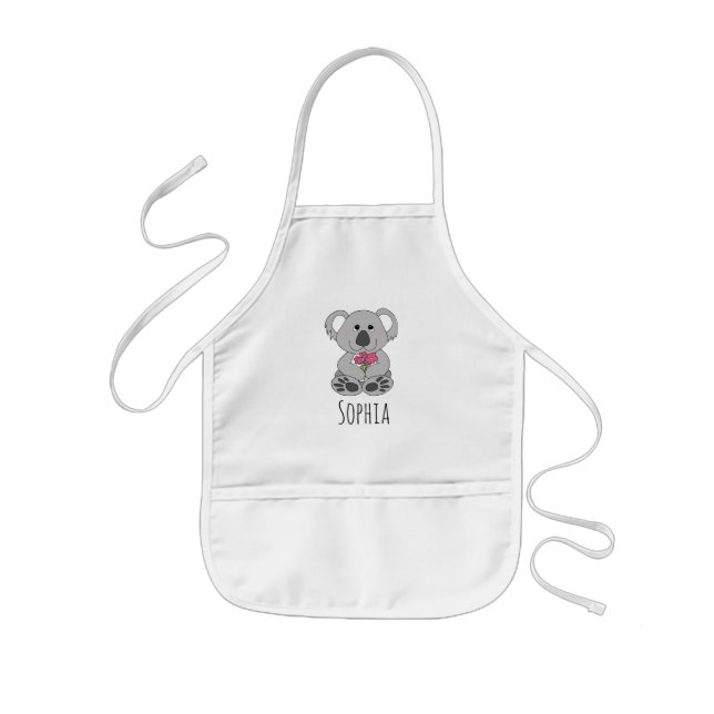 Girls Cute Koala Bear Cartoon Flowers and Name Kids' Apron (Front)