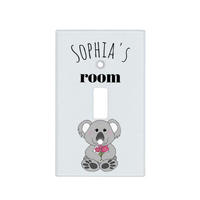 Girls Cute Koala Bear Cartoon Flowers & Name Kids Light Switch Cover (Front)