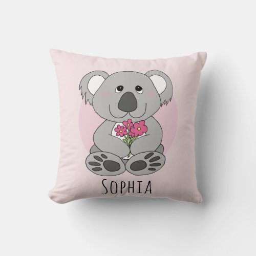 Girls Cute Koala Bear Cartoon  Flowers Name Kids Throw Pillow