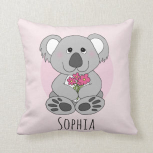 Girls Cute Koala Bear Cartoon & Flowers Name Kids Throw Pillow
