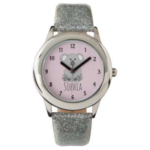 Girls Cute Koala Bear Cartoon Flowers &amp; Name Kids Watch