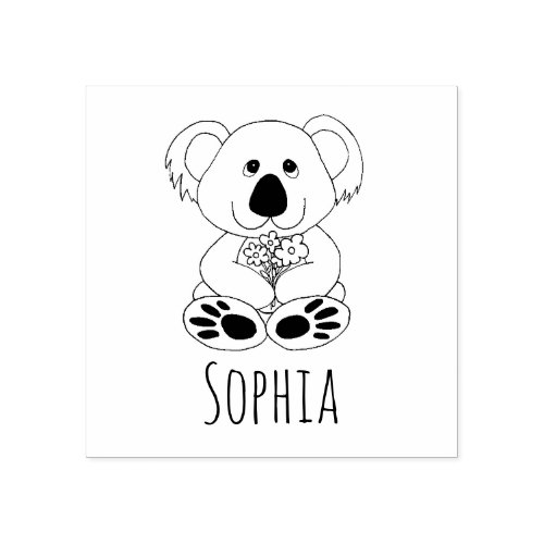 Girls Cute Koala Bear Flowers  Name Bookplate Rubber Stamp