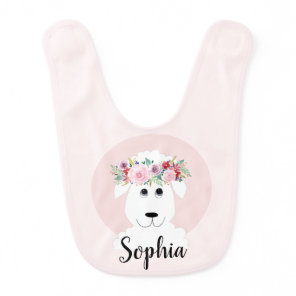 Girls Cute Lamb Watercolor Flowers and Name Baby Bib