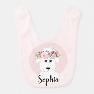 Girls Cute Lamb Watercolor Flowers and Name Baby Bib