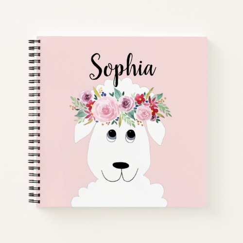Girls Cute Lamb Watercolor Flowers and Name Notebook