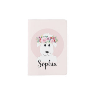 Girls Cute Lamb Watercolor Flowers and Name Passport Holder