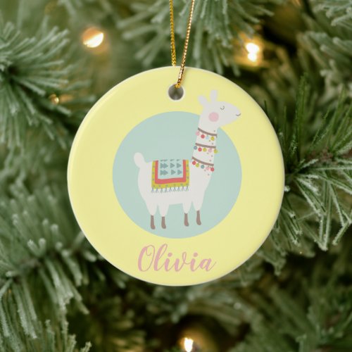 Girls Cute Llama Personalized Kids Ceramic Ornament