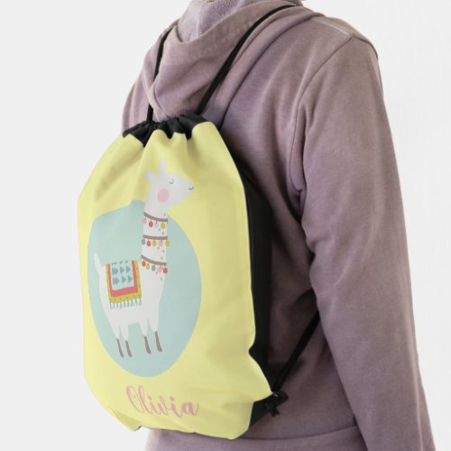 Girls Cute Llama Personalized Name Kids Drawstring Bag
