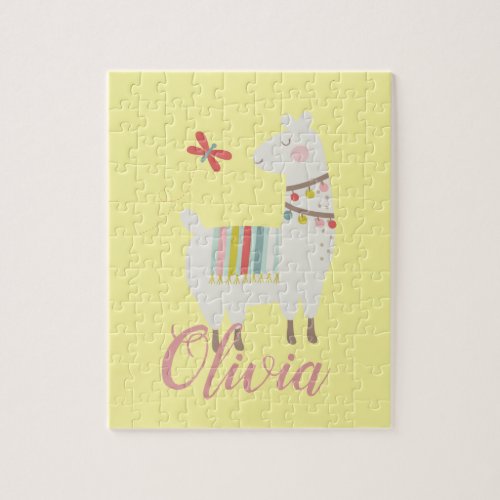 Girls Cute Llama Personalized Name Kids Jigsaw Puzzle