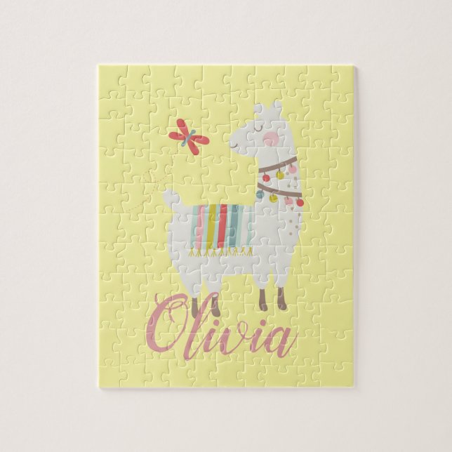 Girls Cute Llama Personalized Name Kids Jigsaw Puzzle (Vertical)