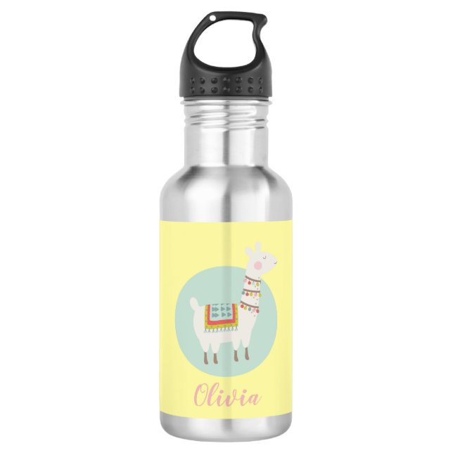 Girls Cute Llama Personalized Name Kids Stainless Steel Water Bottle (Front)