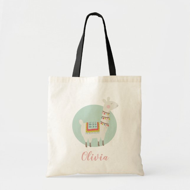 Girls Cute Llama Personalized Name Kids Tote Bag (Front)