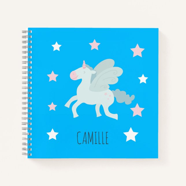 Girls Cute Magical Blue Unicorn Kids School Notebook (Front)