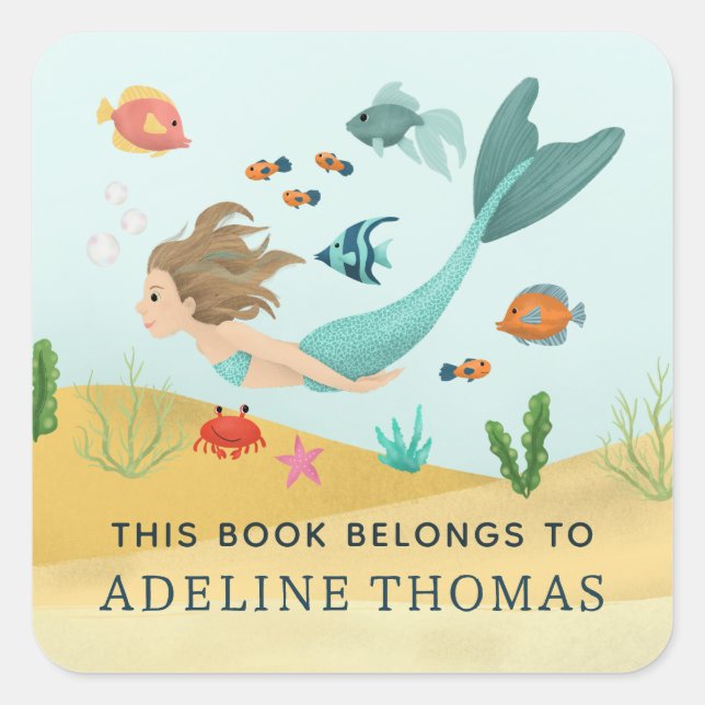 Girls Cute Magical Mermaid Kids School Bookplate (Front)