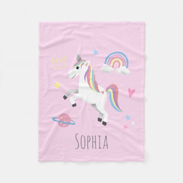 Girls Cute Magical Pink Unicorn & Name Kids Fleece Blanket (Front)