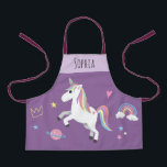 Girls Cute Magical Purple Unicorn & Name Kids Apron<br><div class="desc">This cute and whimsical purple kids apron design features a unicorn cartoon,  planet,  stars,  a crown,  a rainbow and heart,  and can be personalized with your girls name. The perfect magical gift for your little chef or gardener!</div>