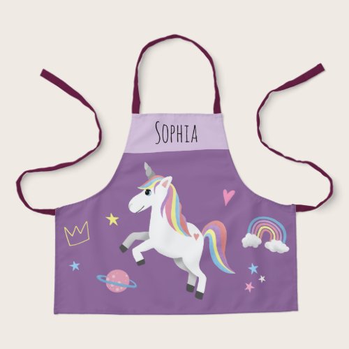 Girls Cute Magical Purple Unicorn & Name Kids Apron