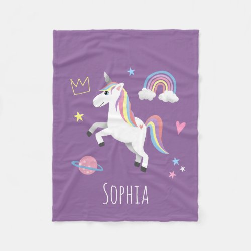 Girls Cute Magical Purple Unicorn  Name Kids Fleece Blanket
