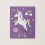 Girls Cute Magical Purple Unicorn & Name Kids Jigsaw Puzzle<br><div class="desc">This cute and modern kids puzzle design features a purple unicorn cartoon,  with a rainbow,  princess crown,  heart,  stars and planet,  and can be personalized with your girls name. The perfect magical and girly gift for any unicorn lover!</div>