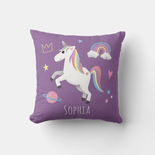 Girls Cute Magical Purple Unicorn  Name Kids Throw Pillow