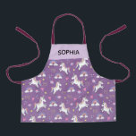 Girls Cute Magical Purple Unicorn Pattern Kids Apron<br><div class="desc">This cute and whimsical purple kids apron design features a unicorn cartoon,  planet,  stars,  a crown,  a rainbow and heart pattern,  and can be personalized with your girls name. The perfect magical gift for your little chef or gardener!</div>