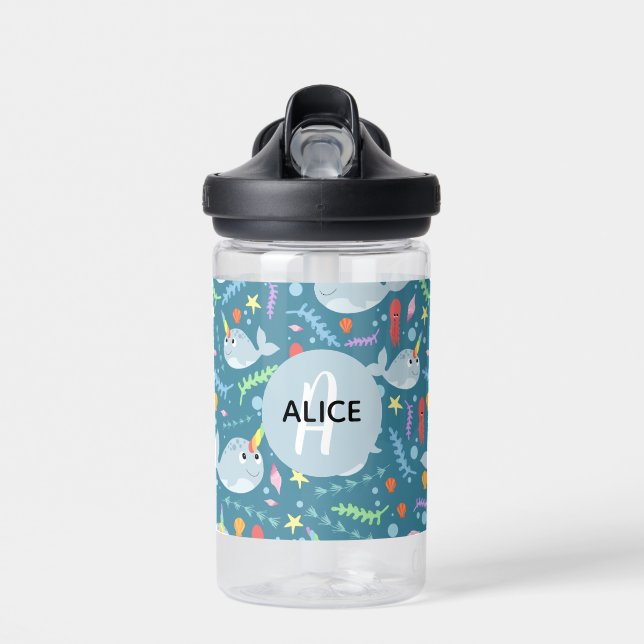 Girls Cute Magical Rainbow Narwhal Kids Water Bottle (Front)
