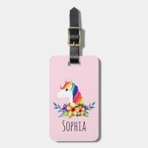 Girls Cute Magical Rainbow Unicorn and Name Kids Luggage Tag