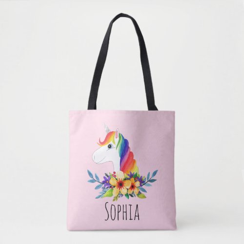 Girls Cute Magical Rainbow Unicorn and Name Kids Tote Bag