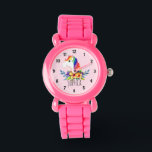 Girls Cute Magical Rainbow Unicorn and Name Kids Watch<br><div class="desc">This cute and magical kids' watch features an adorable, hand painted watercolor rainbow unicorn with a pink background. This lovely colorful design also features a place for you to add your girl's name. With clear, easily readable numbers, this 'first' watch is great for those just starting out on learning the...</div>