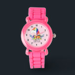 Girls Cute Magical Rainbow Unicorn and Name Kids Watch<br><div class="desc">This cute and magical kids' watch features an adorable, hand painted watercolor rainbow unicorn with a pink background. This lovely colorful design also features a place for you to add your girl's name. With clear, easily readable numbers, this 'first' watch is great for those just starting out on learning the...</div>