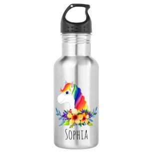 Girls Cute Magical Rainbow Unicorn & Flowers Kids Stainless Steel Water Bottle