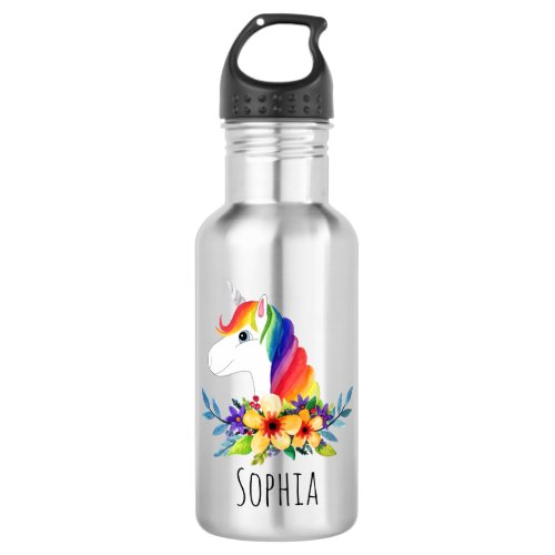 Girls Cute Magical Rainbow Unicorn  Flowers Kids Stainless Steel Water Bottle