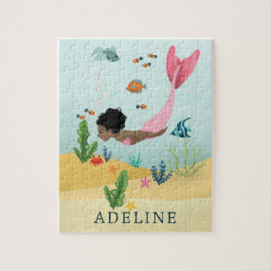 Girls Cute Magical Under the Sea Afro Mermaid Kids Jigsaw Puzzle