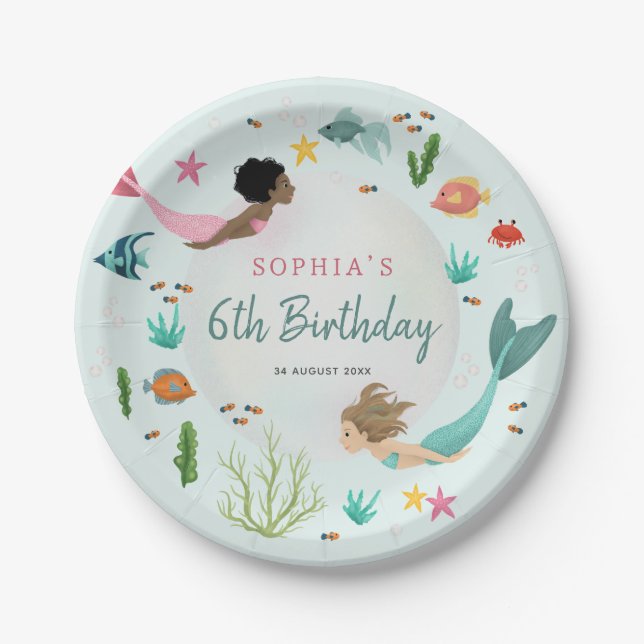 Girls Cute Magical Under the Sea Birthday Paper Plates (Front)