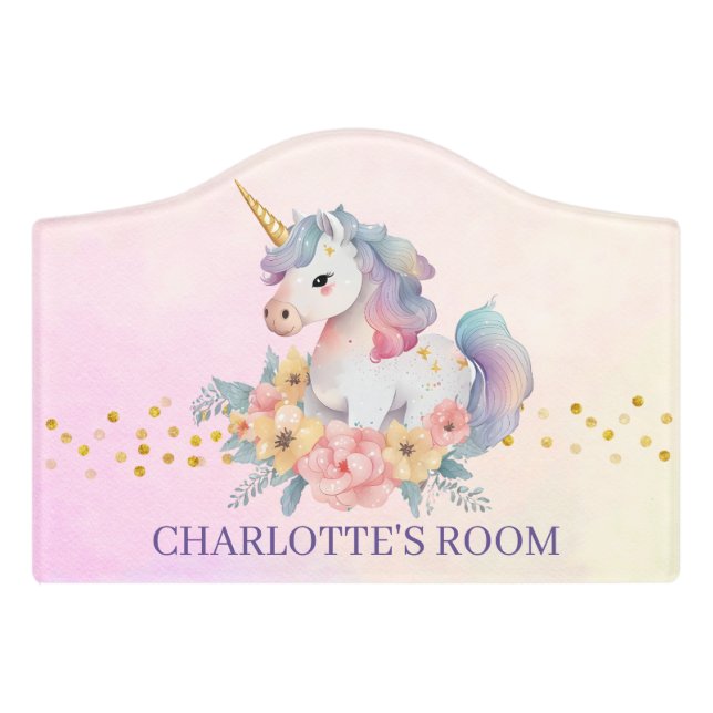 Girls Cute Magical Unicorn Nursery Kids Door Sign (Small Crest Front)