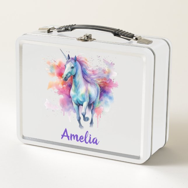 Girls Cute Magical Unicorn Personalized School Metal Lunch Box (Front)
