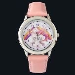 Girls Cute Magical Unicorn Pink Custom Name Watch<br><div class="desc">This super cute and girly kid's watch makes the perfect first watch for any kid. This design features a beautiful watercolor unicorn with a colorful rainbow. You can customize it with your little princess name,  and it's perfect for children who love unicorns.</div>