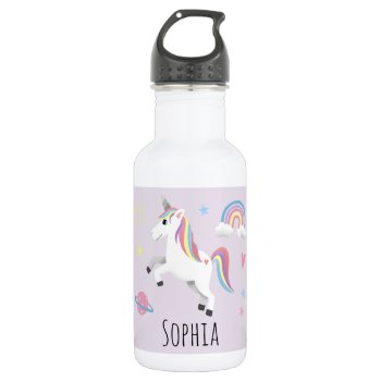 Girls Cute Magical Unicorn  Rainbow & Stars Kids Stainless Steel Water Bottle by Simply_Baby at Zazzle