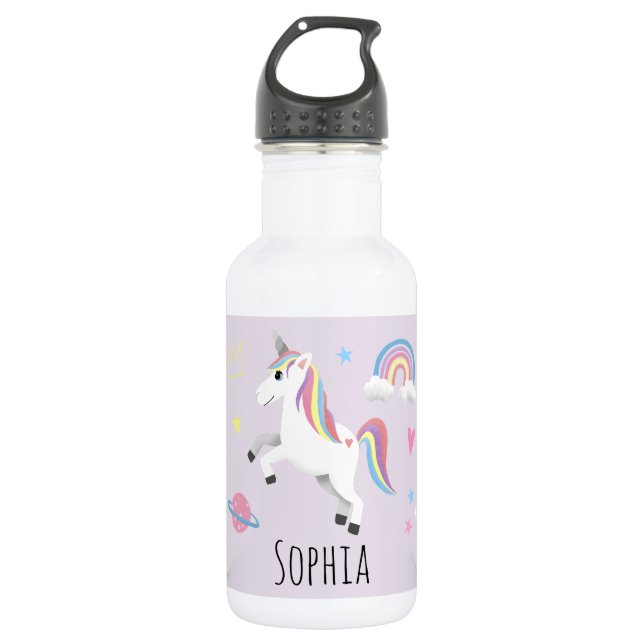 Girls Cute Magical Unicorn, Rainbow & Stars Kids Stainless Steel Water Bottle (Front)
