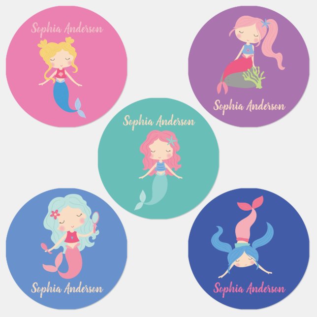 Girl's Cute Mermaid Custom School Name Kids' Labels (Group)