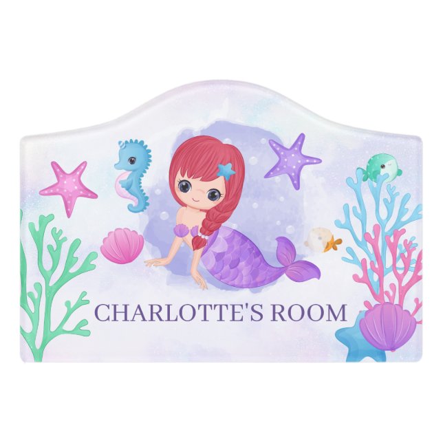 Girls Cute Mermaid Purple Nursery Kids Door Sign (Small Crest Front)