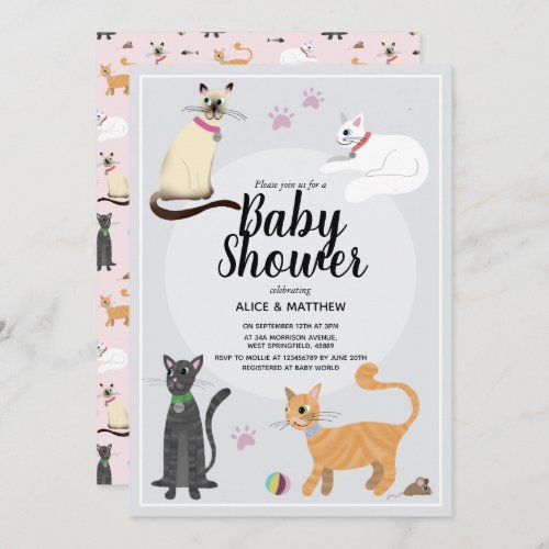 Girls Cute Modern Cat Cartoon Baby Shower Invitation