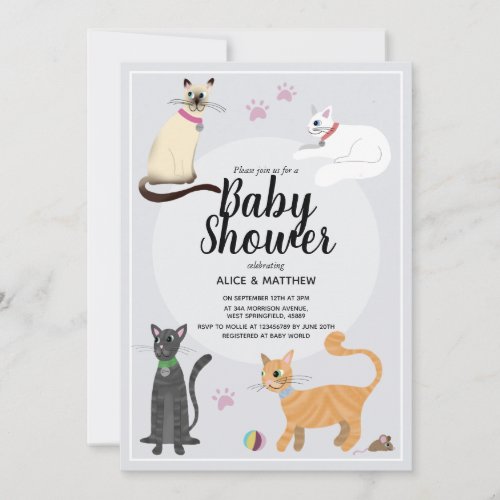 Girls Cute Modern Cat Cartoon Baby Shower Invitation